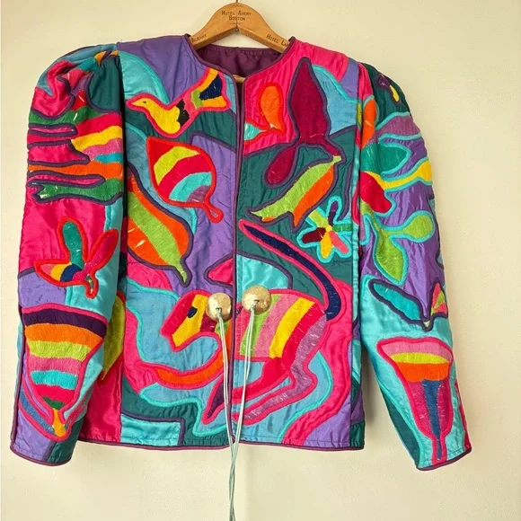La Colección Judith Roberts Art to Wear Patchwork Multicolor Bomber Jacket Gift - Picture 8 of 16